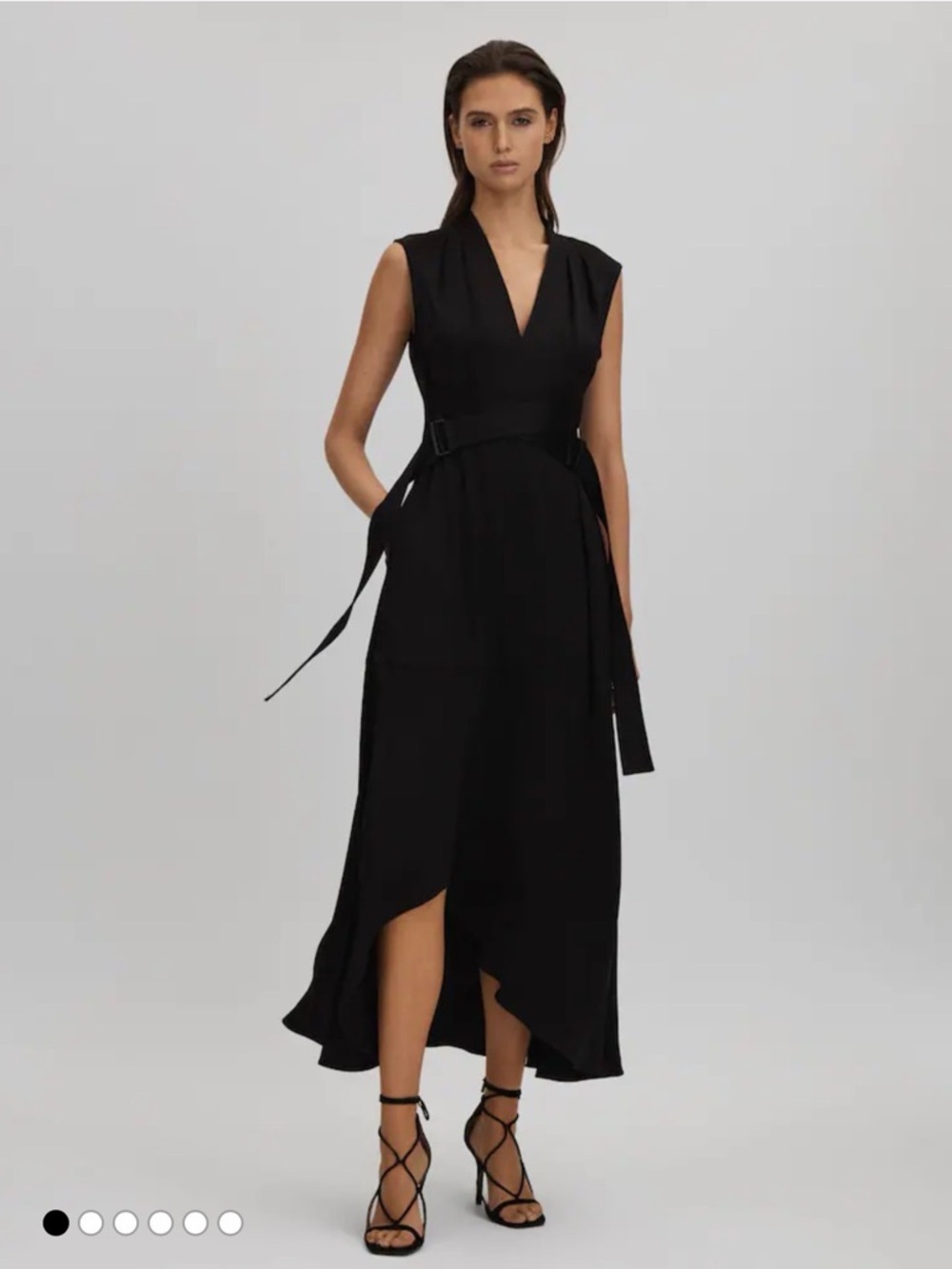 REISS Raya Asymmetric Midi double belted black dress NWT